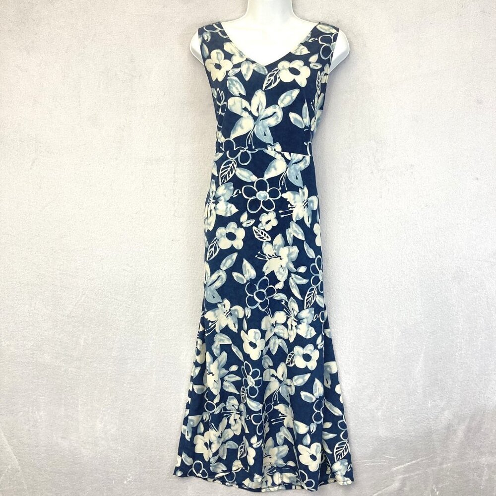 Christy Lyn Vintage 90s Floral Maxi Dress Blue White Sleeveless V-Neck Size 12